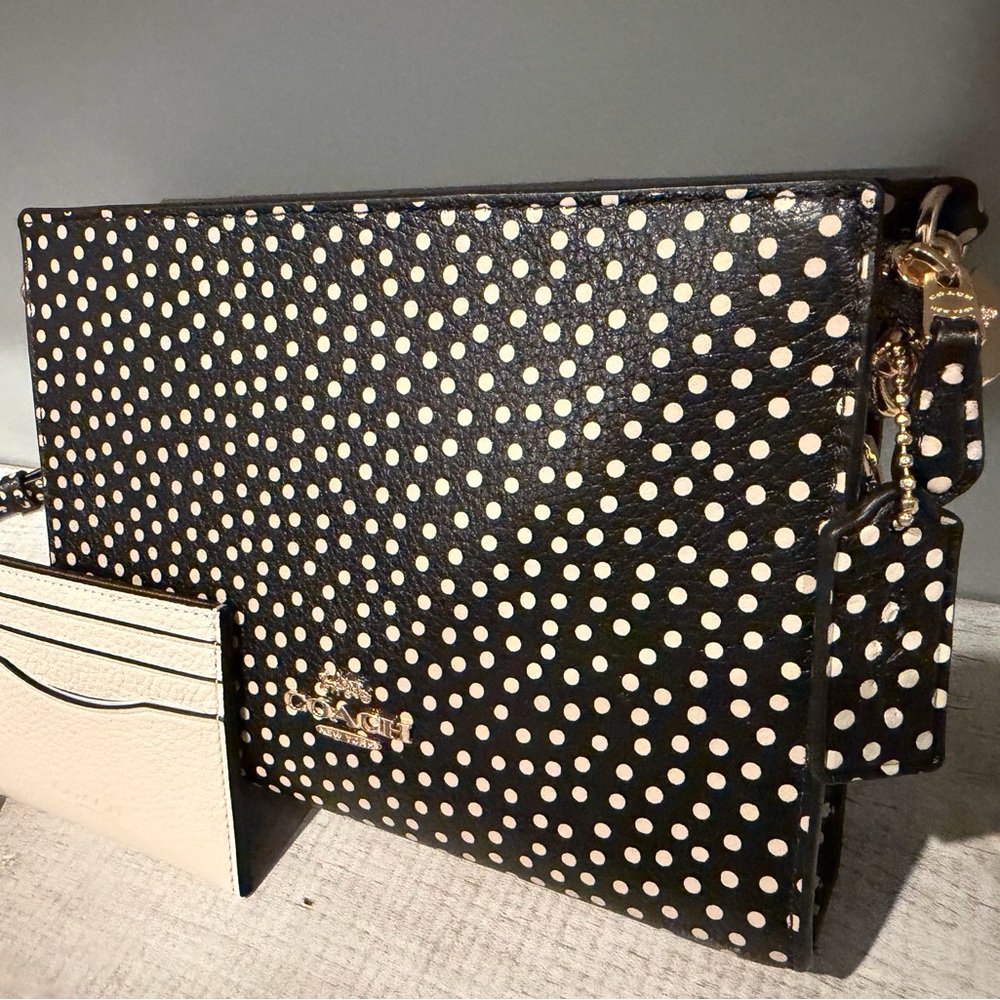 Coach Crossbody Bag Spot Print Polkadot Gold/Black CCI77 & Cream WALLET CASE SET